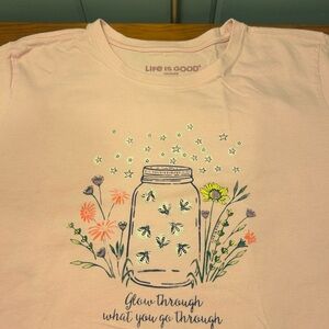 Life Is Good Light Pink Kids Tee with Jar and Floral Design